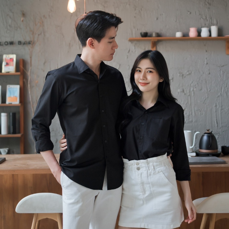ชุดคู่รัก เสื้อคู่ (พร้อมส่ง) ไซต์ S-XXL เสื้อเชิ้ตแขนยาวคอปกสีดำ