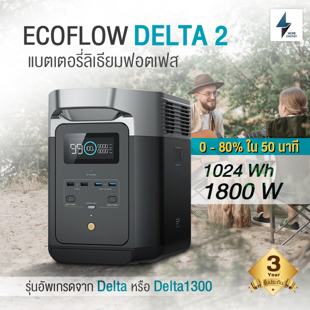 ECOFLOW DELTA 2 แบตเตอรี่สำรอง อเนกประสงค์ พกพาขนาด 1024Wh กำลังจ่ายไฟ 1800W ประกัน 3 ปี ศูนย์ไทย ชาร์จ0 - 80% ใน 50นาที