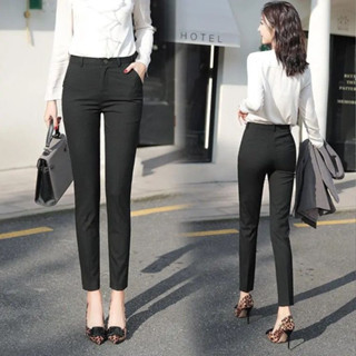 กางเกงสแล็คหญิง ขายาวผู้หญิง ผ้าโรเชฟยืดทรงเดฟสีดำ  S-4XL ใส่ทำงานได้ผ้าดีมาก
