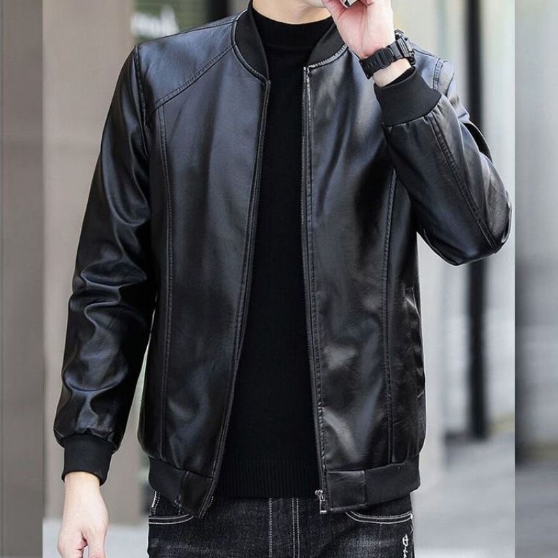 เสื้อแจ็คเก็ตหนังคอกลม เสื้อคลุมกันหนาวสำหรับผู้ชาย สินค้าพร้อมส่งในไทยนะคะ