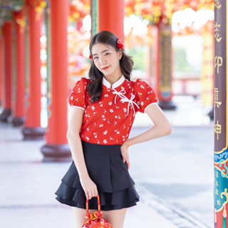 04-263 Red Daisy Dynasty Blouse - 5 ไซส์