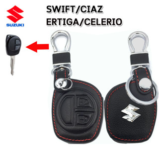 ปลอกกุญแจรถยนต์ซูซูกิ Suzuki Swift/Ciaz/Ertiga/Celerio เคสหนังแท้หุ้มรีโมทกันรอย ซองหนังแท้ใส่กุญแจกันกระแทกสีดำด้ายแดง