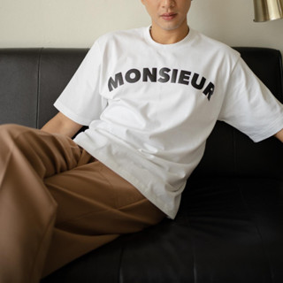 MONSIEUR Oversized T-Shirt (WHITE) เสื้อยืดทรงหลวมโอเวอร์ไซส์ ไหล่ตก สไตล์เกาหลี