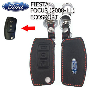 ปลอกกุญแจรถยนต์ฟอร์ด Ford Fiesta/Focus/Ecosport เคสหนังแท้หุ้มรีโมทกันรอย ซองหนังแท้ใส่กุญแจกันกระแทกสีดำด้ายแดง