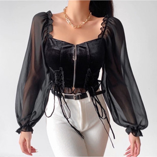 เสื้อแขนยาว ผ้ากำมะหยี่ ทิ้งตัว ทรงคอร์เซ็ท เซ็กซี่ม้ากกกก (TS4 cowear.closet)
