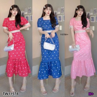 เดรสยาว ชุดสีแดง ลายหัวใจ กระโปรงระบายหางปลา เสื้อผ้าแฟชั่น ชุดเที่ยว ชุดดินเนอร์ ตรุษจีน 11578