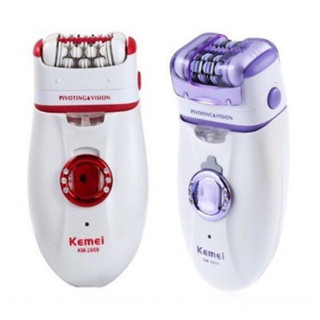 Kemei KM-2668 เครื่องถอนขนและโกนขนไร้สาย 2 in 1 หัวหมุนได้พร้อมยางนวด LED แสงส่องสว่าง - สีม่วง/ขาว