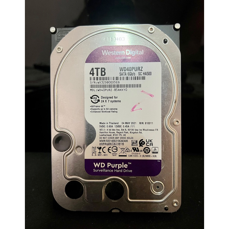 (ฮาร์ดดิสก์)​ Harddisk​ 4TB WD Purple​ (มือสอง)​