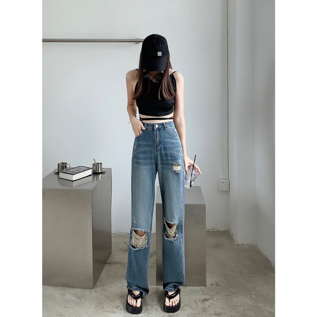 Cici(NO.830)กางเกงยีนส์ทรงกระบอกJeansขายาวดีเทลแต่งขาดทรงดีสวยลุคหวาน แซ่บ หรือเท่ห์เอาอยู่ทุกลุค