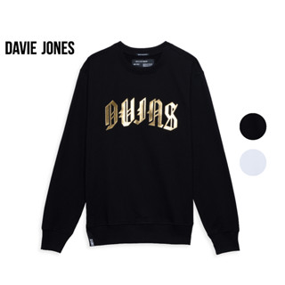 DAVIE JONES เสื้อสเวตเตอร์ ทรง Regular Fit ปั้มโลโก้ สีขาว สีดำ Logo Print Regular Fit Sweater SW0029WH BK