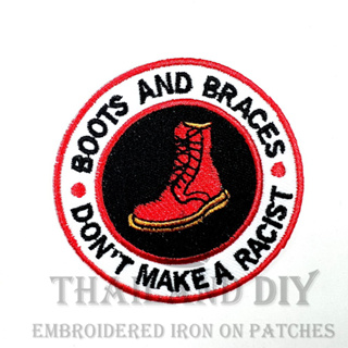 ตัวรีดติดเสื้อ งานปัก สัญลักษณ์ ต่อต้านการเหยียดผิว Boots &amp; Braces anti-racist Symbol Patch DIY WOP ตัวรีด อาร์มติดเสื้อ