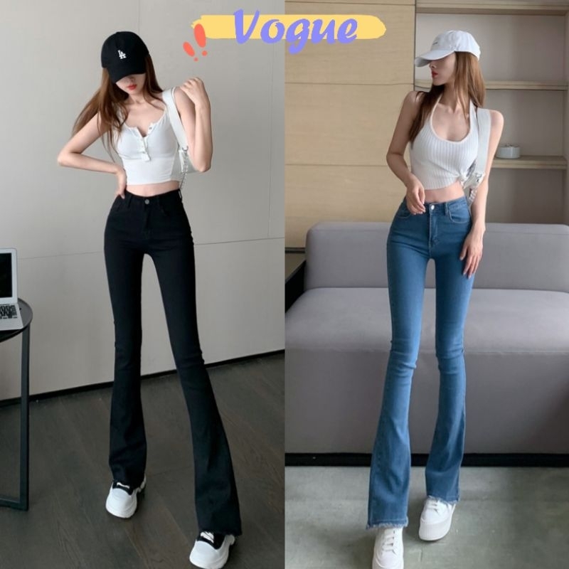 Vogue พร้อมส่ง กางเกงยีนส์ขายาวเอวสูง ทรงรัด ปลายบาน มี2สี (8036) -NZ -N