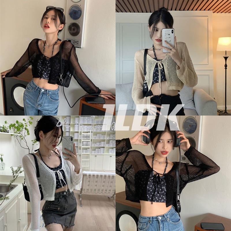 1LDK พร้อมส่ง เสื้อคลุมซีทรู ตาข่าย เสื้อครอป แขนยาว ผูกเชือกหน้า(3186)