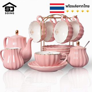 SOING ชุดชาเซรามิคไตล์อังกฤษ แก้วชา 6 ใบ จานรอง 6 ใบ ช้อนชา 6 ใบ กาน้ำชา ชามน้ำตาล เหยือกครีม และที่กรองชาสแตนเลส(ไม่รวมขาตั้งจอแสดงผล)