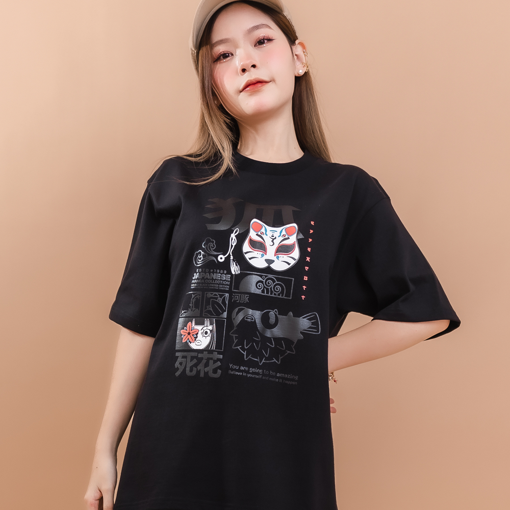 เสื้อยืด Oversize Premium Cotton100 Double Black Kitsune UC07 เนื้อผ้าระดับไฮเอนด์ ทนทานใส่ได้นาน