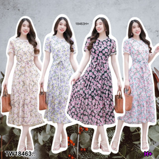 👗Pfashion [ส่งไวมาก🚛] P18463 เดรสชีฟองลายดอกไม้ ผูกเอว ..