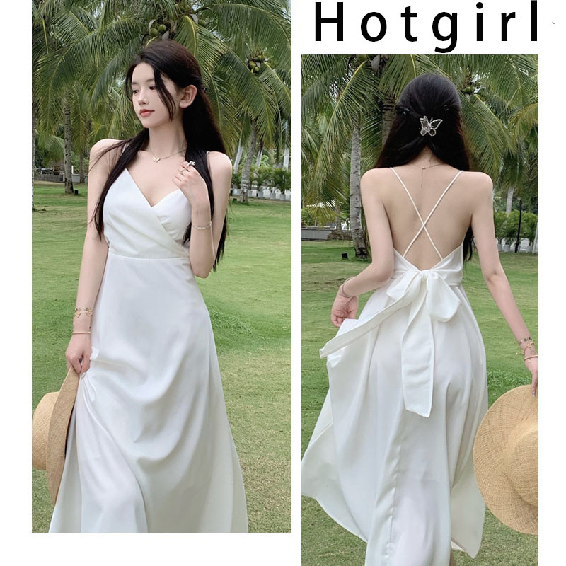 Hotgirl  พร้อมส่งจากกทม ✨ชุดเดรสผู้หญิง ชุดเดรสสายเดี่ยวเซ็กซี่สีขาว เหมาะสำหรับวันหยุดพักผ่อนริมชายหาด กระโปรงชายหาด