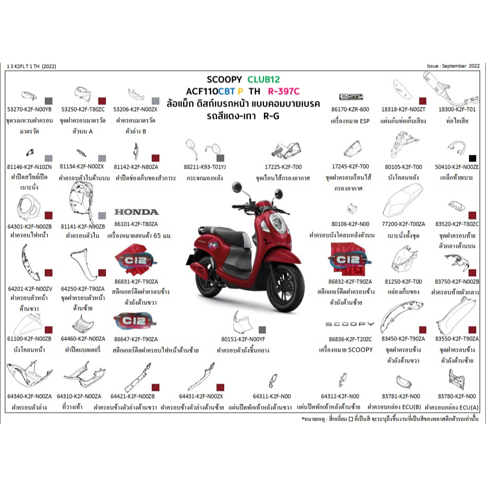 ชุดสี Scoopyi 2023 สีแดงล้อแม็ก ขายแยกชิ้น ตัวกุญแจรีโมท ชุดสี Scoopy 2023 สีแดง อะไหล่ HONDA แท้ 100%