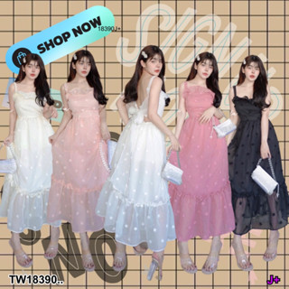 J18390 เดรสยาว ระบายอก แต่งปอมๆ Long dress, ruffled chest, pom poms