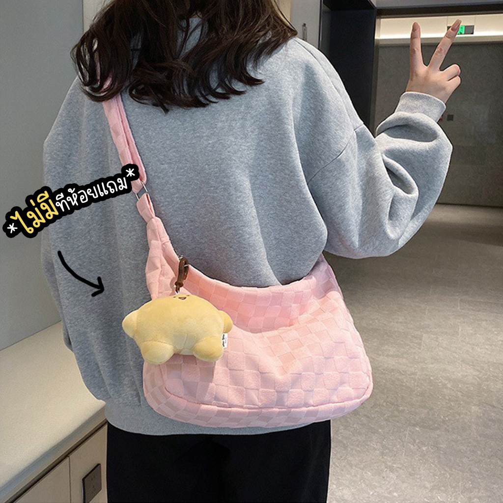 SIAMBAGSHOP(S1843) กระเป๋าสะพายข้างผ้าฝ้ายสีพื้นลาย-เส้นตาราง สไตล์เกาหลี(ไม่มีที่ห้อยแถม)