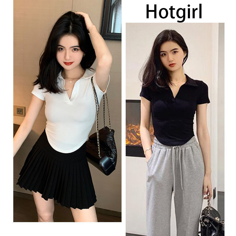 Hotgirl พร้อมส่งจากกทม เสื้อครอป เสื้อยืดสีขาวคอปก POLO แขนสั้นเซ็กซี่สไตล์อเมริกันเสื้อเอวลอย