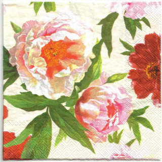 Pladao Napkin ภาพดอกไม้ ดอกโบตั๋น Peony ชมพู แดง พื้นขาว กระดาษ แนพกิ้น สำหรับงานศิลปะ เดคูพาจ decoupage ขนาด L 33x33