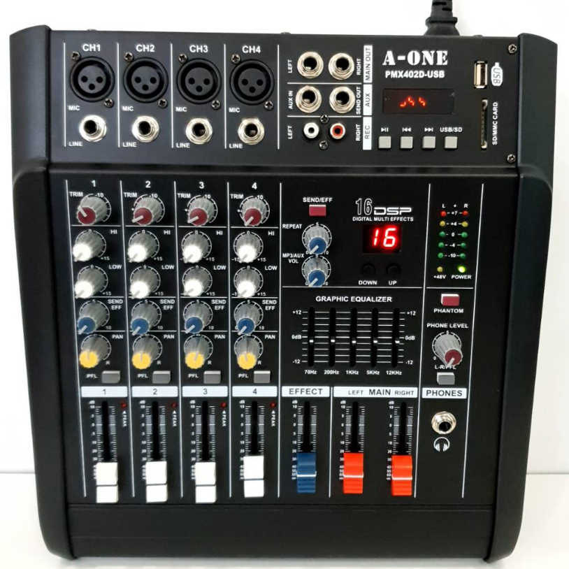 Power mixer a-one pmx-402d-usb เพาเวอร์มิกเซอร์ ขยายเสียง500วัตต์ บลูทุธ MIX 4CH BLUETOOTH USB/SD CA
