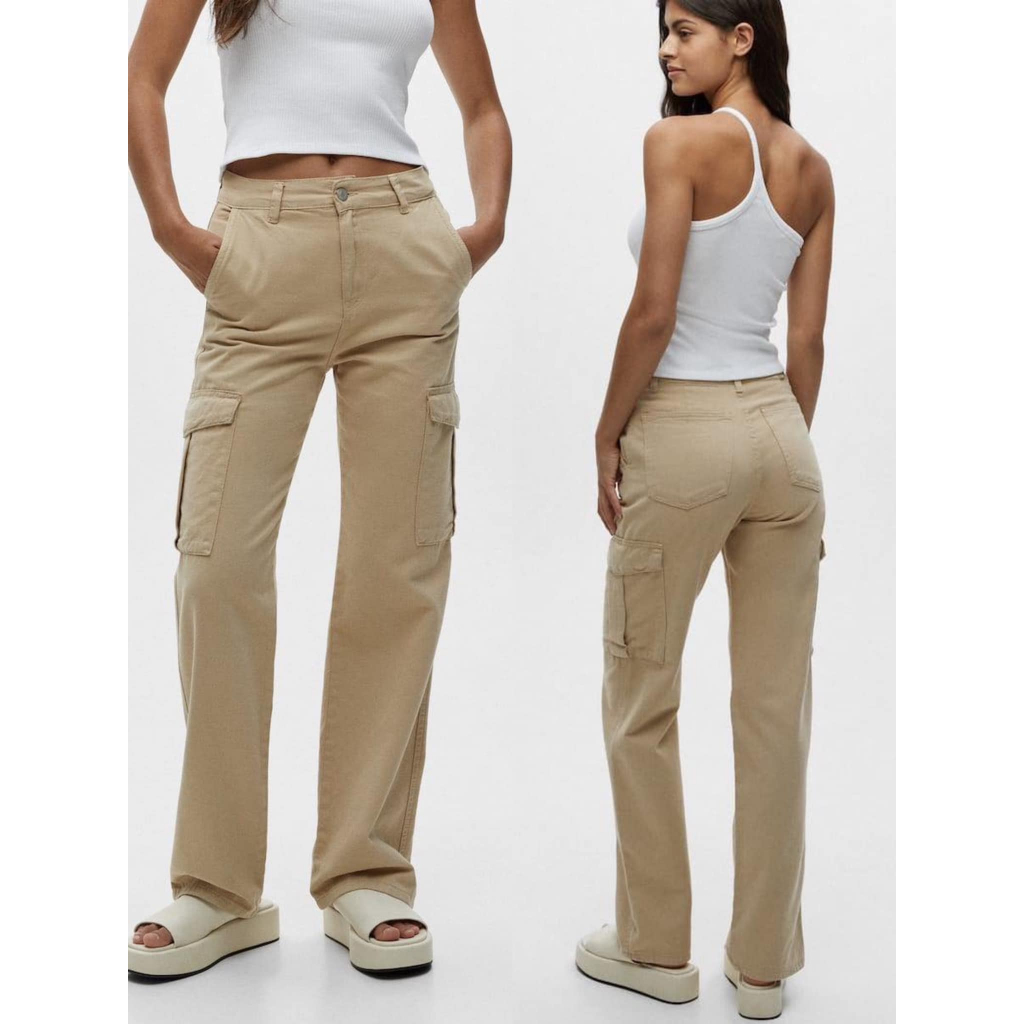 Pull and Bear  กางเกงขายาว ทรงคาโก้ สีน้ำตาล เอวสูงงปิดสะดือ เนื้อผ้ายีนส์นิ่ม ผ้าไม่ยืด มีกระเป๋าล้