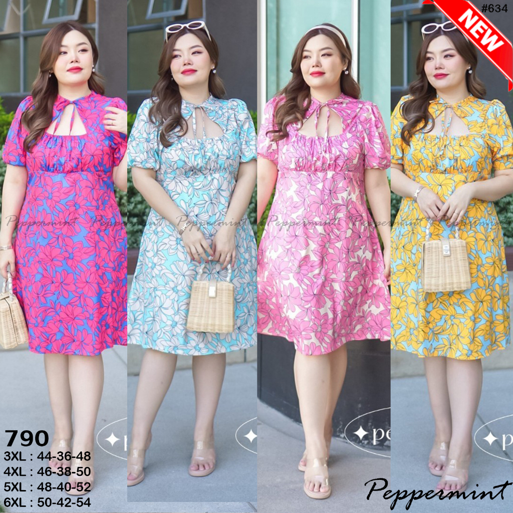 เดรสสาวอวบ ทรงรูดอก น่ารักสดใส ลายดอกคัลเลอร์ฟูล อก40-50 Peppermint PlusSize (634)