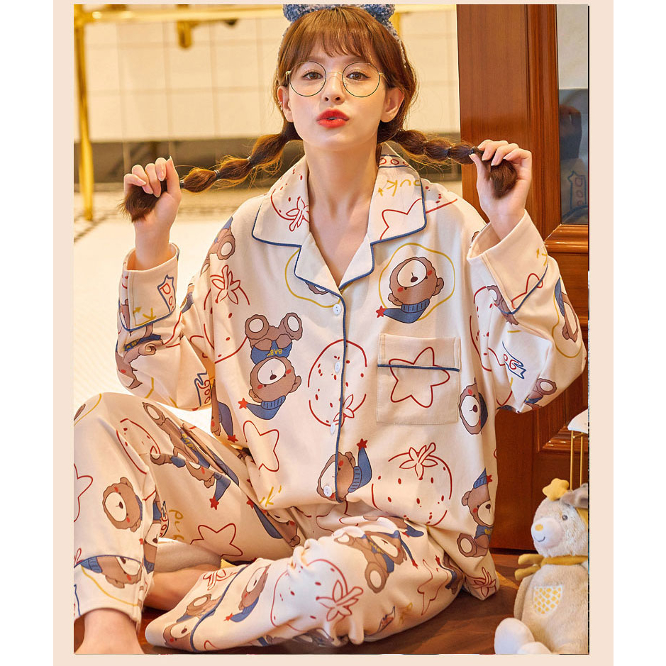 C16 ชุดนอนแขนยาว ขายาว ผ้าคอตตอน ลายหมีขาว