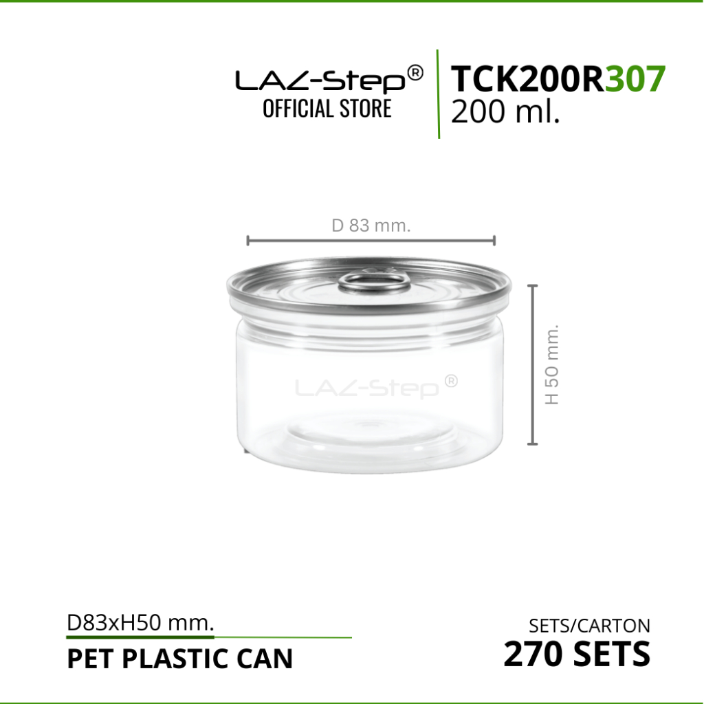 LAZ-Step กระป๋องพลาสติกฝาดึง PET CANS  TCK200R307 ขนาด 200 ml. บรรจุลังละ 270 ชุด ต้องปิดด้วยเครื่องปิดฝากระป๋อง