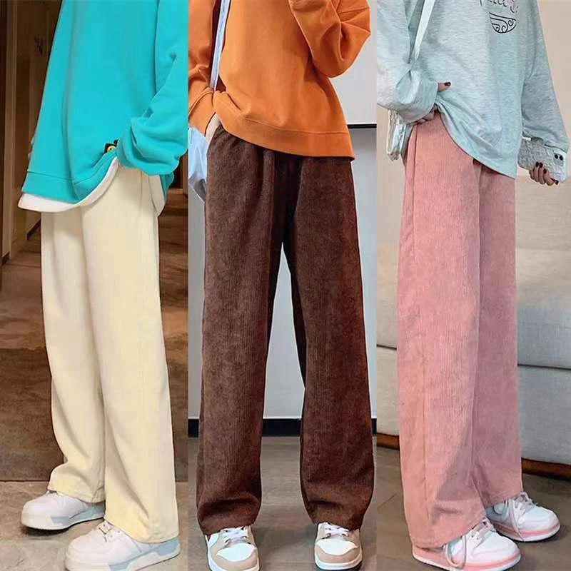 Rommers S-4XL กางเกงลูกฟูกขายาว เอวสูง ขากว้าง ทรงหลวม สำหรับผู้หญิง รุ่นใหม่ปี เสื้อผ้าแฟชั่นผู้หญิง
