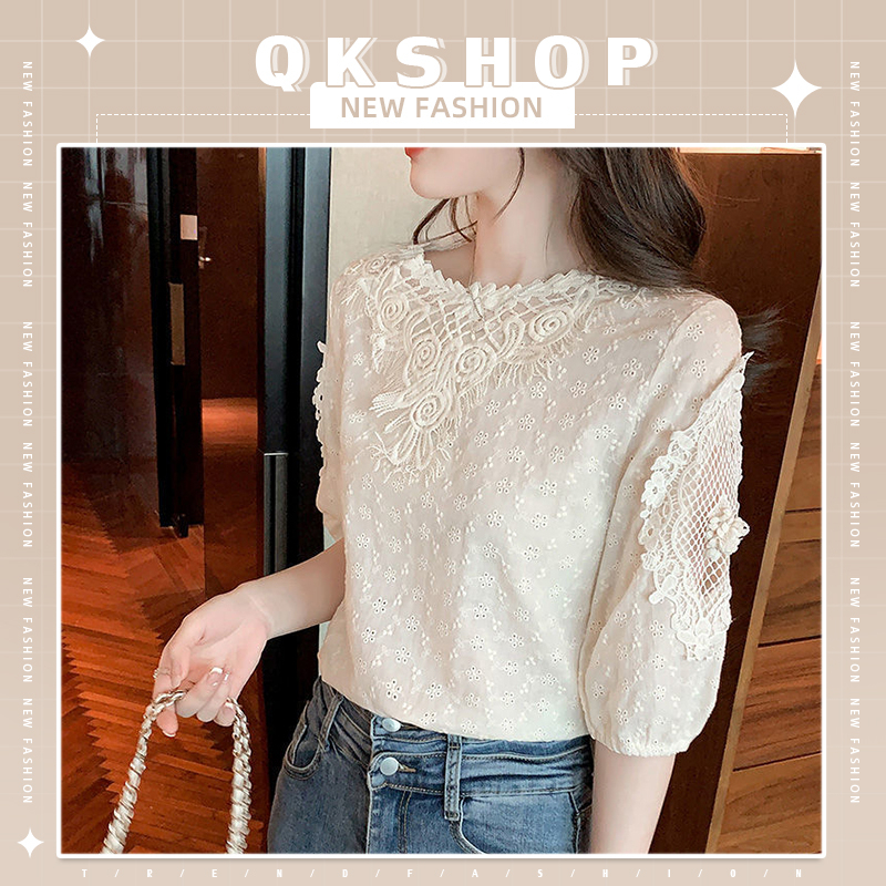 QKshop เสื้อแขนสามส่วนปักลายลูกไม้ เสื้อแฟชั่นรุ่นฮิต🔥ใส่ทำงานก็เริ่ด สวยหรูดูแพงไฮคลาสสุดๆ แต่ราคาไม่แพงนะจ๊ะสาวๆ💸