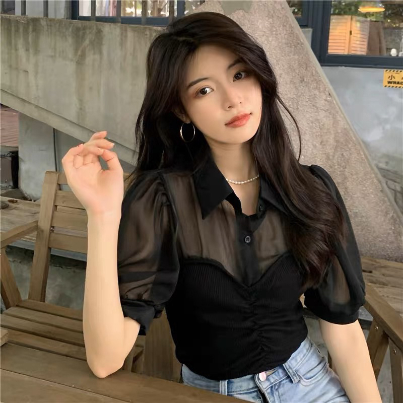 ✔️พร้อมส่ง✔️ เสื้อเชิ้ตแขนพอง คอปก กระดุมหน้า ช่วงตัวต่อไหมพรม ทรงอกโค้ง #MD05