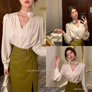 🇰🇷New🇰🇷  Korea satin shirt Shirtผ้าซาตินงานสวยใส่สบาย คอวีเรียบเก๋