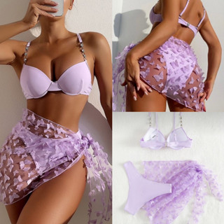 บิกินี่ 3 ชิ้น top bra เป้าเต้าอะไหล่เพชร ผ้าคลุมผีเสื้อ3dสีม่วง