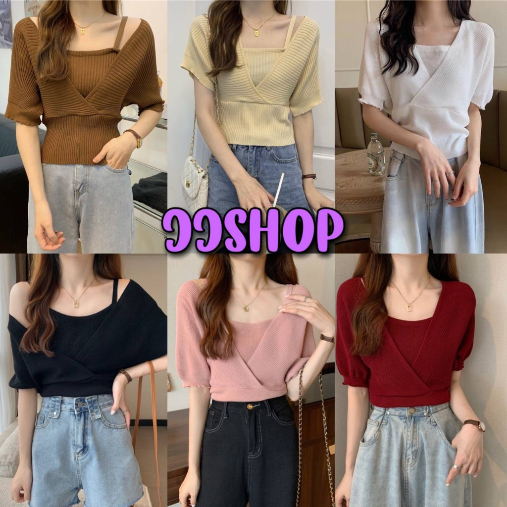 JJ Shop​💜​พร้อมส่ง เสื้อไหมพรม เปิดไหล่แชนสั้น ผ้าร่องนิ่มใส่สบาย มี6สี "3018"