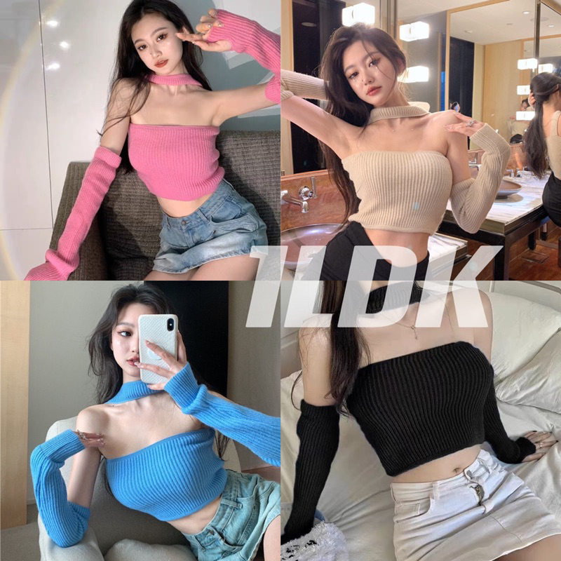 1LDK พร้อมส่ง เสื้อเซ็ท2ชิ้น เสื้อครอป คล้องคอ+ปอกแขน ผ้าไหมพรมเซ็กซี่(U042）