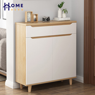 HomeHero ตู้รองเท้าไม้ 4 ชั้น ลิ้นชัก 2 ช่อง ชั้นวางรองเท้า MDF Shoe Cabinet with Doors