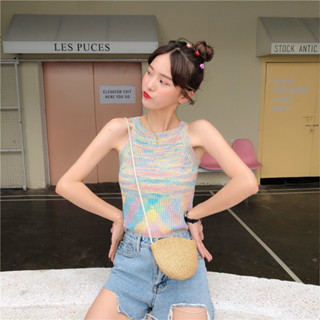900Shop📌เสื้อครอปแขนกุด  ไหมพรมถักลายผสมสีโทนพาสเทล