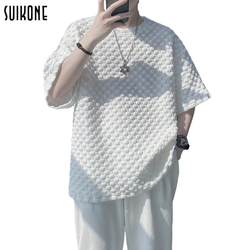 Suikone【จัดส่งที่รวดเร็ว】เสื้อเชิ้ตผู้ชาย เสื้อยืดคอกลมแขนสั้นผู้ชายลายวาฟเฟิล