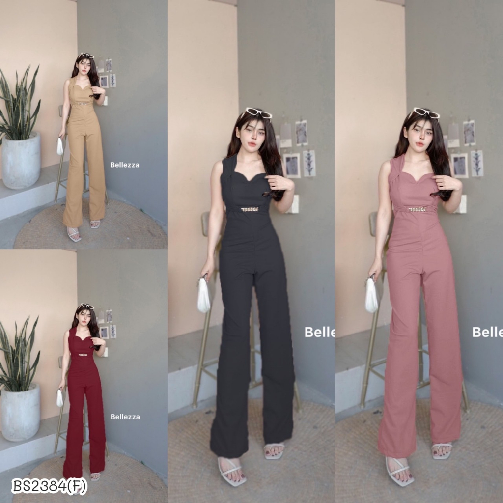 BS2384  จั้มสูทแขนกุด ขายาวเอวแต่งเข็มขัด งานซิปหลัง