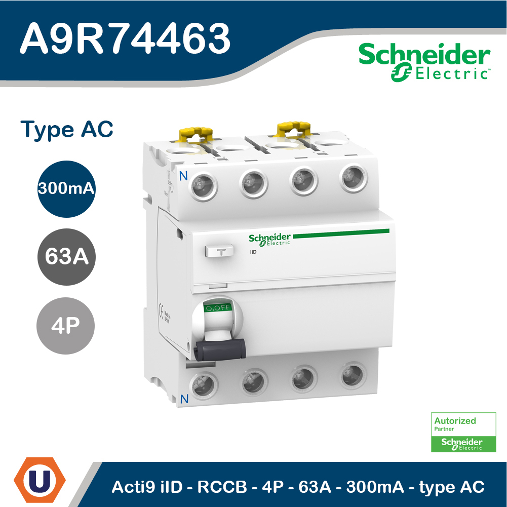 Schneider Electric Acti9 iID - RCCB , 4P, 63A, 300mA type AC (ป้องกันไฟดูด ไฟรั่ว) I A9R74463 สั่งซื้อได้ที่ Ucanbuys