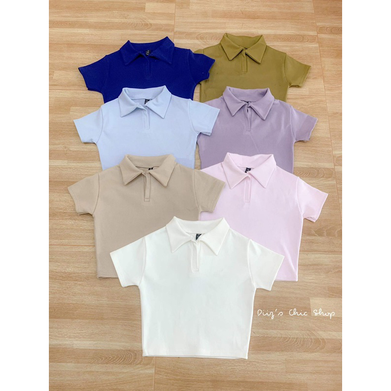 ราคาโรงงาน Diiz’s MAYONNAISE เสื้อครอป คอปก แขนสั้น ผ้าร่อง ยืดเยอะ