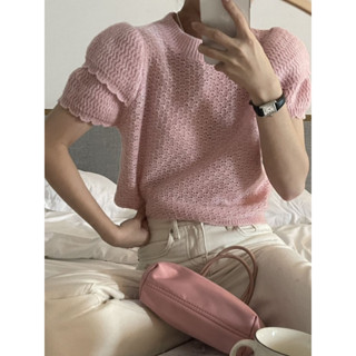 Pink double sleeves top เสื้อไหมพรมสีชมพูดีเทลแขน 2 ชั้น