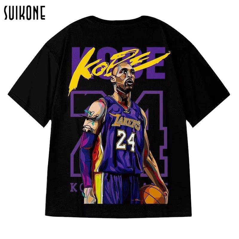 Suikone เสื้อยืดผู้ชายแฟชั่นสไตล์อเมริกันเรโทรแขนสั้นเสื้อเชิ้ตอินเทรนด์รูปแบบแบรนด์บาสเก็ตบอลกีฬาลำลองหลวมๆ