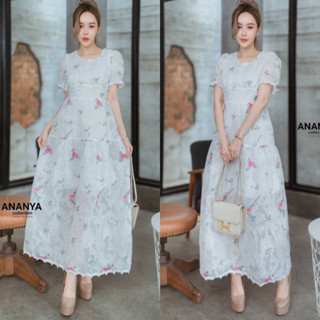 🧡พร้อมส่ง M-4XL🧡ป้าย ANANYA💕เดรสยาว ฉลุสีขาวลายดอกไม้ เดรสเจ้าหญิง สวยละมุน