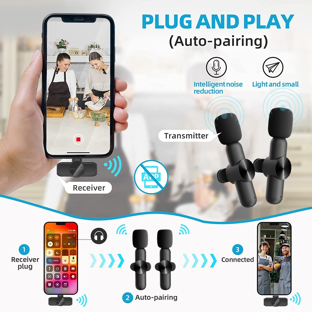 GOOJODOQ Wireless Lavalier ไมโครโฟน บันทึกเสียงแบบพกพา มินิ ไมค์ สำหรับ iPhone Android ถ่ายทอดสดการเล่นเกม  Vlogging 2 Gen