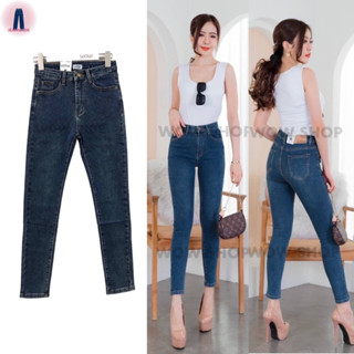 Wow jeans กางเกงยีนส์เอวสูงทรงเดฟสกินนี่ผ้ายืดสียีนส์เข้มขาเย็บ #6201 jeasdede