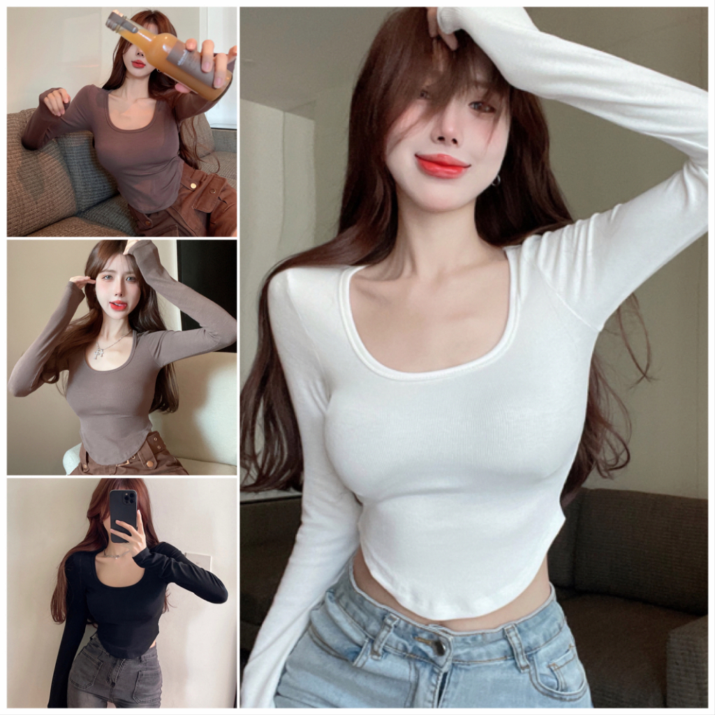Beryl🌻เสื้อท่อนบน🍒เสื้อยืดแขนยาวสีทึบในผ้าเนื้อนุ่มและเซ็กซี่
